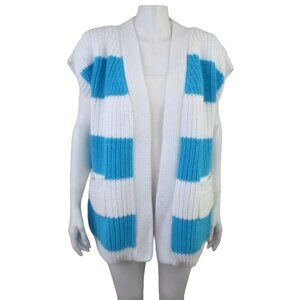 Pure Handknit Chunky Rib Knit Open Cardigan Vest M/L Turquoise White